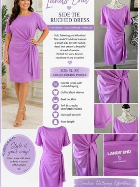 Lands’ End Purple Side Tie Ruched Dress XL 18 Short Sleeve